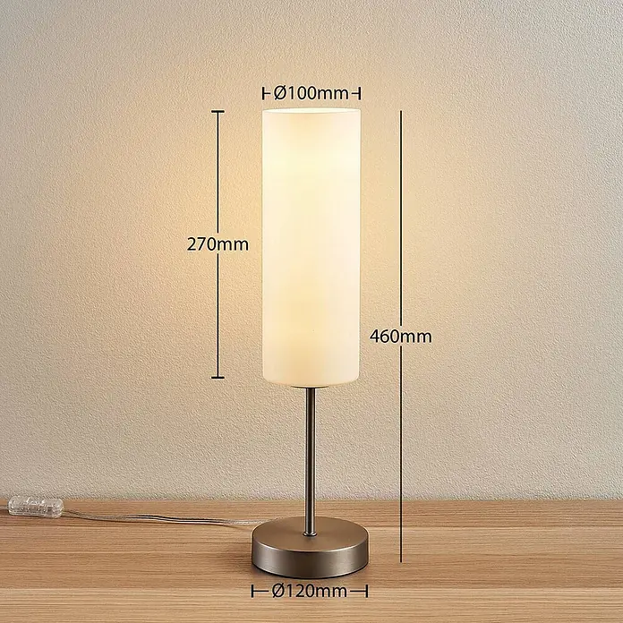 Lindby Tischleuchte Felice - L x B x H: 10 x 10 x 46 cm, alu / grau / zink, weiß / opal, E27 - Tischleuchte aus gebürstetem Metall mit weißem zylindrischem Schirm, Maße angezeigt.