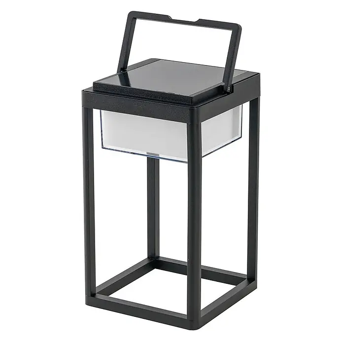 Lucande Tischleuchte Tilena - L x B x H: 18,5 x 18,5 x 32 cm, schwarz - Moderne schwarze Laterne mit Metallrahmen, lichtdurchlässigen Seiten und klappbarem Griff.