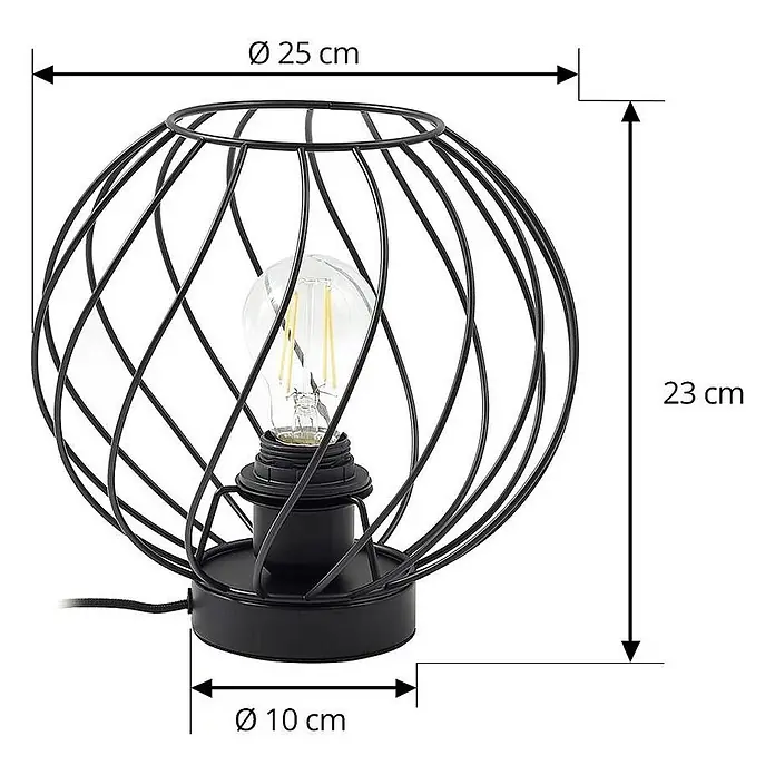 Lindby Tischleuchte Danika - schwarz, E27 - Schwarze Tischlampe mit Metallkäfig und sichtbarer Glühbirne, 25 cm Durchmesser und 23 cm Höhe.