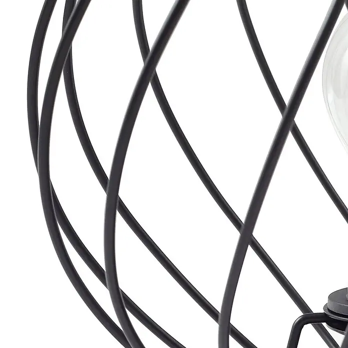 Lindby Tischleuchte Danika - schwarz, E27 - Schwarzer Drahtkäfig einer Lampe mit sichtbarer Glühbirne.