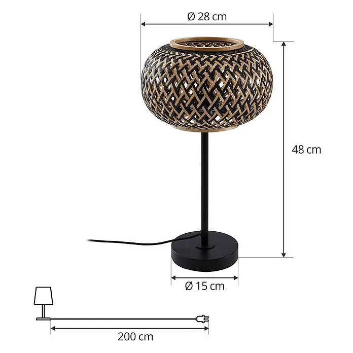 Lindby Tischleuchte Nerys - L x B x H: 28 x 28 x 48 cm, schwarz, Holz dunkel, E27 - Schwarze Metall-Tischlampe mit rundem, geflochtenem Lampenschirm aus schwarzem und naturfarbenem Bambus, auf schwarzem Sockel.