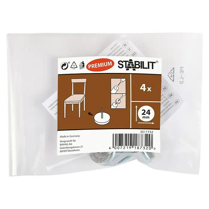 Stabilit Filzgleiter - 24 mm, Mit Schraube, Natur, 4 Stk. - Bild einer Packung Stabilit Premium Möbelgleiter mit Nagel, 4 Stück, Durchmesser 24 mm, für Möbelbeine zum Schutz des Bodens.
