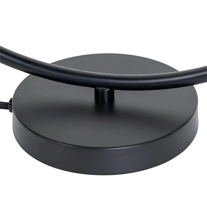 Lucande Tischleuchte Linnard - L x B x H: 45 x 45 x 50 cm, schwarz, E27 - Schwarzer runder Metallsockel mit gebogenem Arm und geflochtenem Stromkabelanschluss.