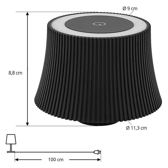 Lindby Tischleuchte Linor - schwarz - Schwarze geriffelte Tischleuchte mit berührungsempfindlicher Oberseite. Maße: 8,8 cm Höhe, 9 cm oberer Durchmesser, 11,3 cm Basisdurchmesser. Kabellänge 100 cm.