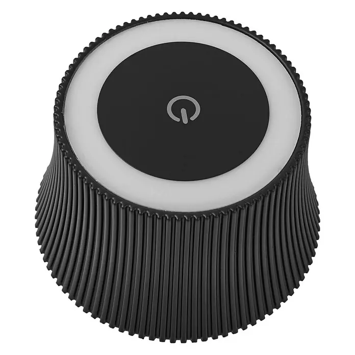 Lindby Tischleuchte Linor - schwarz - Schwarzer, geriffelter Drehknopf mit leuchtendem weißen LED-Ring und einem zentralen Einschalt-Symbol.