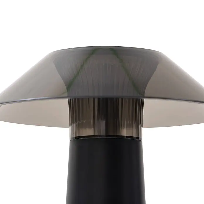 Lindby Tischleuchte Gomba - schwarz - Schwarze Tischlampe mit einem transluzenten dunkelgrauen pilzförmigen Schirm.