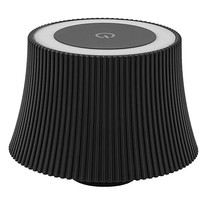 Lindby Tischleuchte Linor - schwarz - Schwarze gerippte Tischlampe mit weißem Leuchtring und zentralem schwarzem Touch-Power-Button oben.