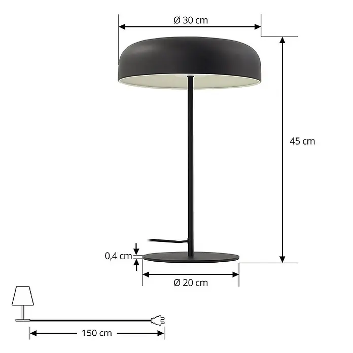 Lindby Tischleuchte Edion - schwarz, schwarz, E14 - Schwarze Tischlampe mit rundem Schirm und Fuß. Maße: 45 cm hoch, Schirm Ø 30 cm, Fuß Ø 20 cm, Kabel 150 cm.