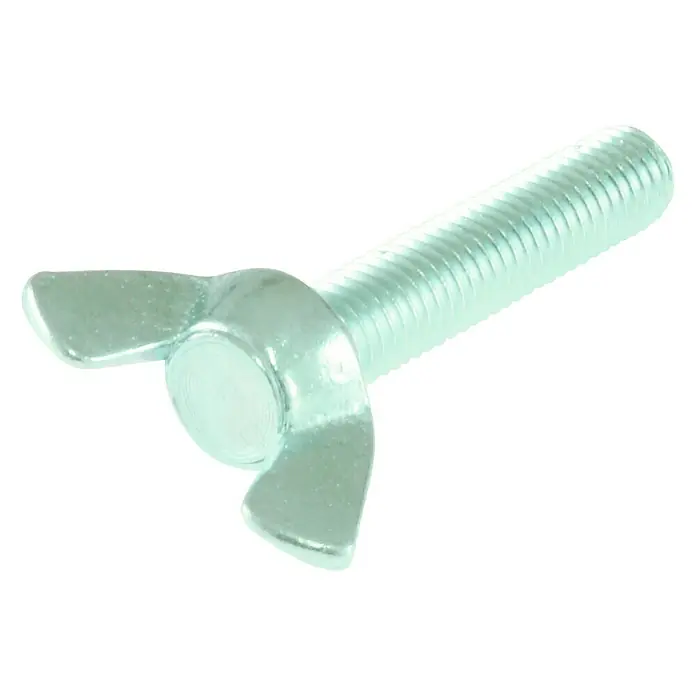 Suki Tornillo cabeza de mariposa - Largo: 30 mm, M 6, 3 ud. - Primer plano de un perno de mariposa plateado, una pieza de fijación con extensiones en forma de ala para facilitar el apriete y aflojamiento manual.