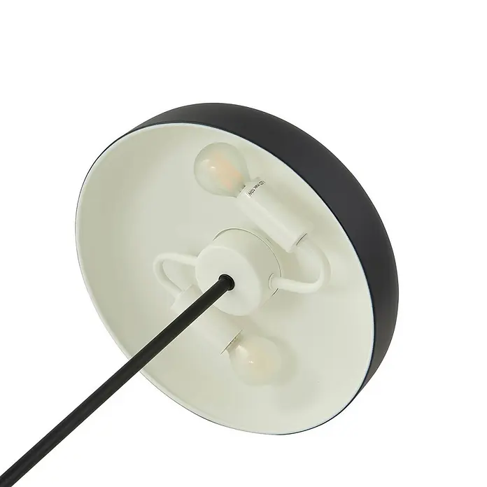 Lindby Tischleuchte Edion - schwarz, schwarz, E14 - Unterseite einer schwarz-weißen Leuchte mit zwei LED-Glühbirnen (max. 10W) und einer schwarzen Stange.