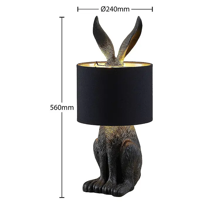 Lindby Tischleuchte Lorentina - L x B x H: 24 x 24 x 56 cm, schwarz, E27 - Dunkle Hasen-Tischlampe mit Ohren, die über einen schwarzen Lampenschirm ragen. Gesamthöhe 560mm, Durchmesser 240mm.