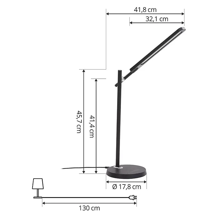 Lindby Tischleuchte Valtorin - L x B x H: 41,8 x 17,8 x 45,7 cm, schwarz, schwarz - Schwarze Schreibtischlampe mit Gelenkarm und Standfuß, Maße angegeben.