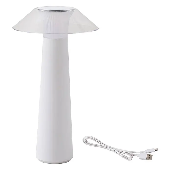 Lindby Tischleuchte Gomba - weiß / opal - Weiße, konische Tischleuchte mit klarem, ausgestelltem Schirm und weißem USB-Ladekabel.