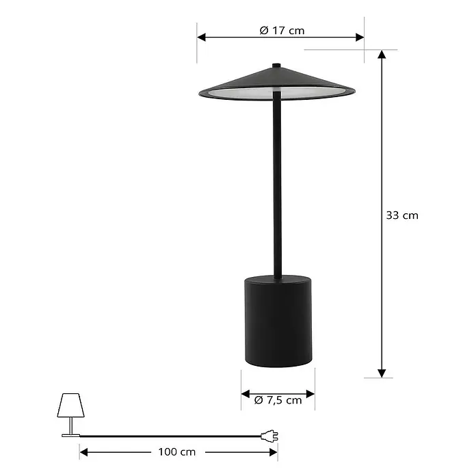 Lindby Tischleuchte Ayva - schwarz, schwarz - Schwarze Tischleuchte mit konischem Schirm und zylindrischem Fuß, H 33 cm, Ø oben 17 cm, Ø Fuß 7,5 cm, 100 cm Kabel.
