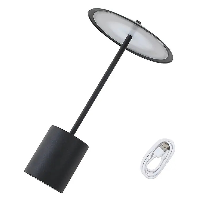 Lindby Tischleuchte Ayva - schwarz, schwarz - Schwarze moderne Tischleuchte mit rundem Kopf, zylindrischem Sockel und USB-Ladekabel.