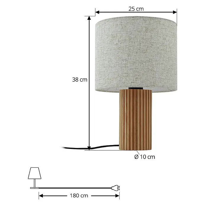 Lindby Tischleuchte Kimiko - L x B x H: 25 x 25 x 38 cm, Holz hell, E27 - Holztischleuchte mit beigem Stoffschirm. Maße: H38cm, Schirm Ø25cm, Fuß Ø10cm, Kabel 180cm.