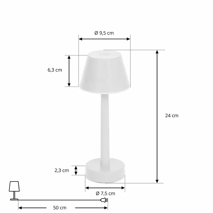 Lindby Tischleuchte Gaja - L x B x H: 9,5 x 9,5 x 24 cm, weiß / opal, weiß / opal - Weiße Tischleuchte mit rundem Fuß und konischem Schirm, Maße zur Größenreferenz angegeben.