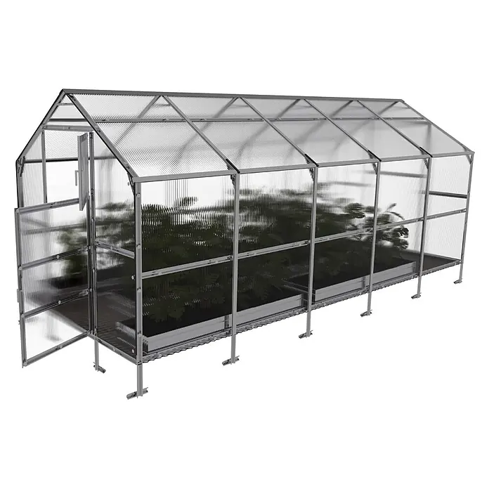 Klasika Greenhouses Gewächshaus Bernard Klasika - Außenmaß inkl. Dachüberstand (B x T): 235 x 500 cm, Material Seitenwand: Kunststoff, 6 mm, Silbergrau - Graues Metallgewächshaus mit klaren, gewellten Paneelen, Giebeldach, offener Tür und Pflanzen darin.