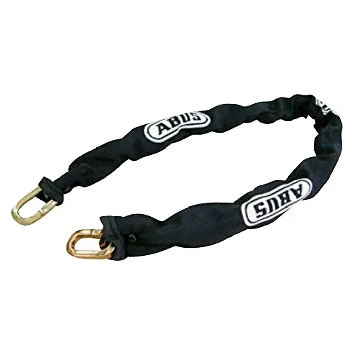 Abus Candado de cadena con funda 10kS200 - Acero inoxidable - La imagen muestra una cadena de moto ABUS con cubierta textil y dos grilletes. La cadena ofrece alta protección antirrobo para vehículos de dos ruedas.