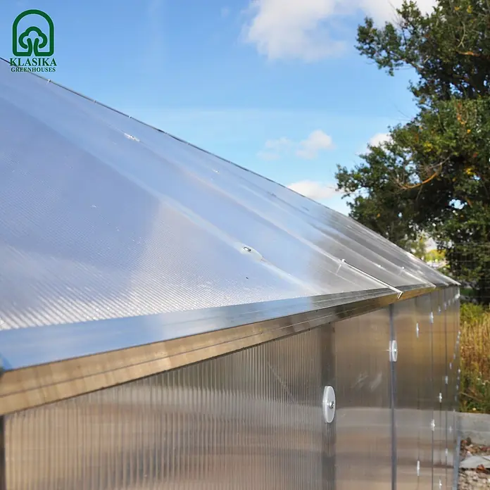 Klasika Greenhouses Gewächshaus House Klasika - Außenmaß inkl. Dachüberstand (B x T): 235 x 212 cm, Material Seitenwand: Kunststoff, 6 mm, Silbergrau - Nahaufnahme eines Klasika Gewächshauses mit lichtdurchlässigen Polycarbonatplatten und Metallrahmen unter blauem Himmel.