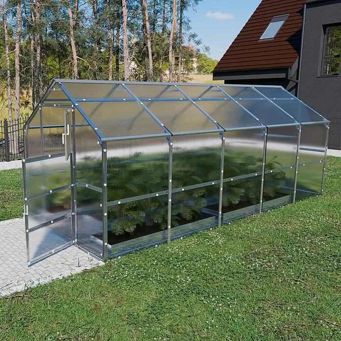 Klasika Greenhouses Gewächshaus Bernard Klasika - Außenmaß inkl. Dachüberstand (B x T): 235 x 500 cm, Material Seitenwand: Kunststoff, 6 mm, Silbergrau - Großes Gewächshaus mit silbernem Rahmen und transparenten Platten, bepflanzt im Garten.
