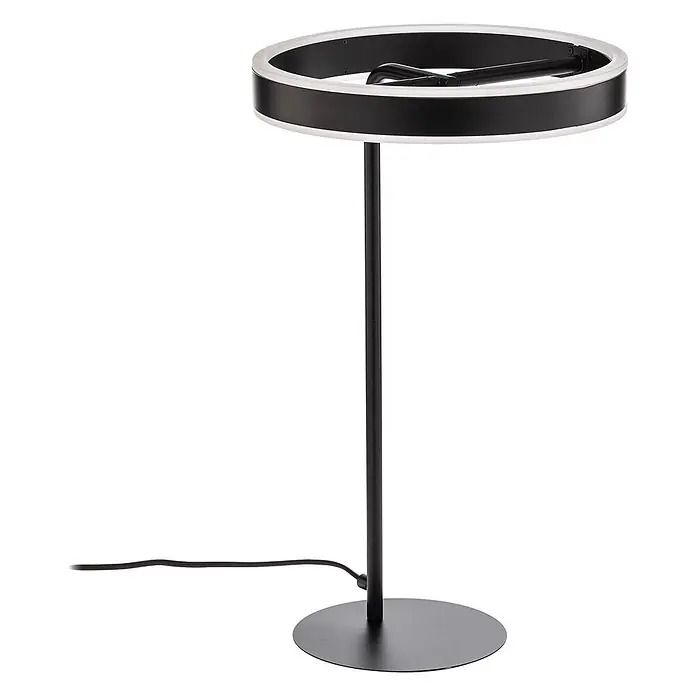 Lucande Tischleuchte Yekta - L x B x H: 30 x 30 x 58,5 cm, schwarz, schwarz - Schwarze LED-Schreibtischlampe mit ringförmigem Licht und schlankem Fuß auf rundem Sockel.