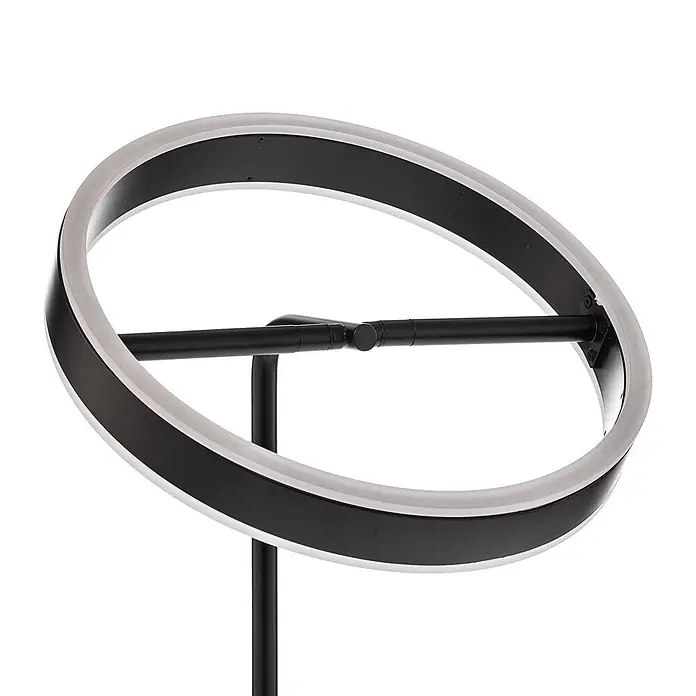 Lucande Tischleuchte Yekta - L x B x H: 30 x 30 x 58,5 cm, schwarz, schwarz - Schwarze runde LED-Leuchte mit hellem Band auf schwarzem Ständer.