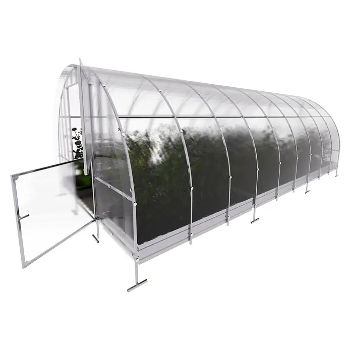 Klasika Greenhouses Gewächshaus Easy Klasika - Außenmaß inkl. Dachüberstand (B x T): 300 x 600 cm, Material Seitenwand: Kunststoff, 4 mm, Silbergrau - Großes, gewölbtes Gewächshaus mit transparenten Platten und weißem Rahmen. Eine offene Tür zeigt Pflanzen im Inneren.