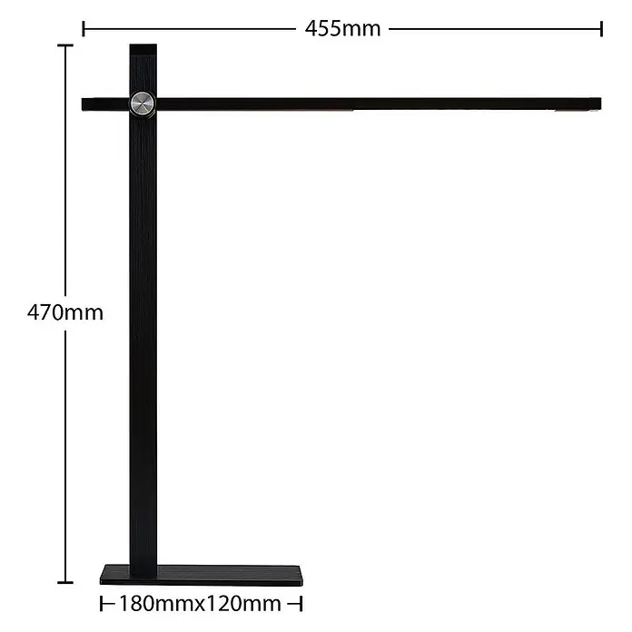 Lucande Tischleuchte Wasko - L x B x H: 45,5 x 12 x 47 cm, schwarz, schwarz - Schwarze, moderne LED-Schreibtischlampe mit horizontaler Lichtleiste und rechteckigem Sockel, Maße abgebildet.