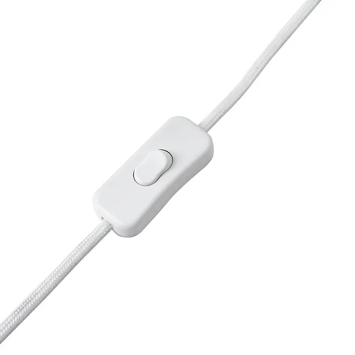 Lindby Tischleuchte Thalassia - weiß / opal, weiß / opal, E27 - Weißer Schnurzwischenschalter an einem weißen geflochtenen Elektrokabel.