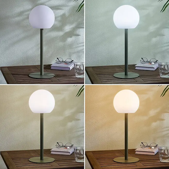 Lindby Tischleuchte Eleia - L x B x H: 16,5 x 16,5 x 44 cm, grün, weiß / opal - Tragbare Tischleuchte mit weißem Kugeldiffusor, grünem Standfuß. Einstellbare Lichtintensität und Farbe.