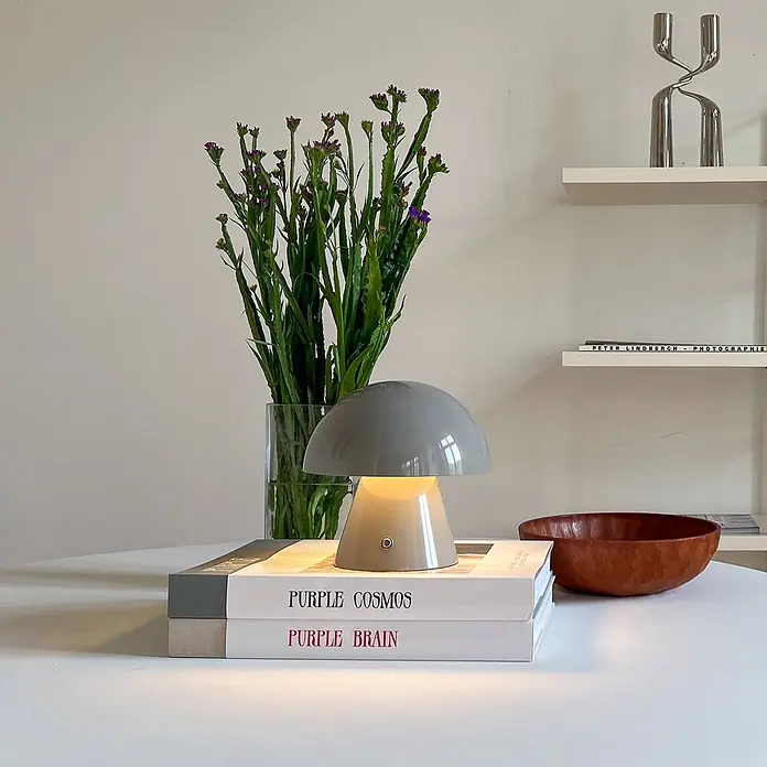Lindby Tischleuchte Nevijo - alu / grau / zink, alu / grau / zink - Eine grau-beige Pilz-Tischlampe mit beleuchtetem Fuß steht auf zwei Büchern auf einem weißen Tisch.