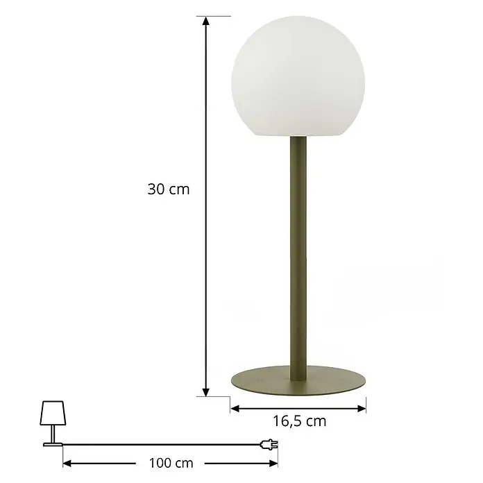 Lindby Tischleuchte Eleia - L x B x H: 16,5 x 16,5 x 44 cm, grün, weiß / opal - Olivgrüne Tischleuchte mit kugelförmigem weißem Glasschirm und rundem Fuß.