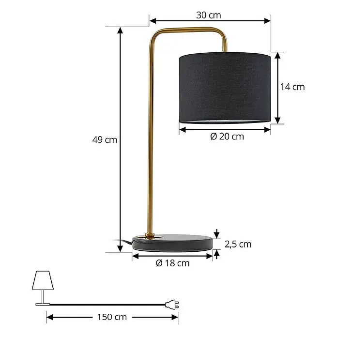 Lindby Tischleuchte Hillary - schwarz, schwarz, E27 - Goldene Tischlampe mit rundem schwarzem Sockel und schwarzem Stoffschirm, Dimensionszeichnung.