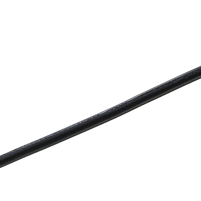 Lindby Tischleuchte Hillary - schwarz, schwarz, E27 - Schwarzes Elektrokabel mit weißen Aufschriften 'VV-F', '2X0.75mm' und Spannungsangaben.