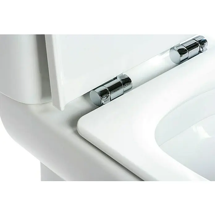 Roca Eos Pack de WC - Con borde de descarga, Salida dual, Blanco - Primer plano de un asiento de inodoro blanco brillante con bisagras cromadas, que muestra un diseño moderno e higiénico.