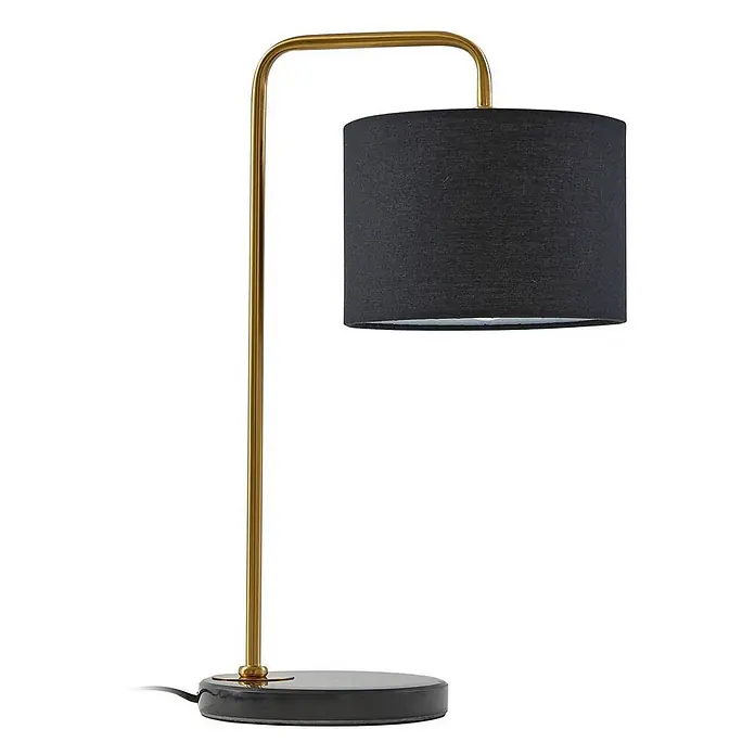 Lindby Tischleuchte Hillary - schwarz, schwarz, E27 - Moderne Tischlampe mit schwarzem zylindrischem Schirm, gebogenem goldenem Ständer und dunklem runden Sockel.