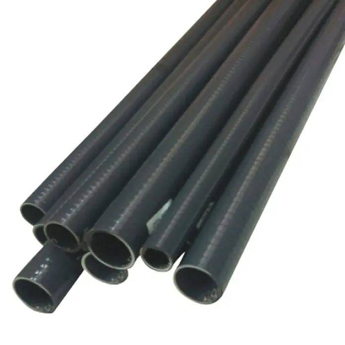 Tubo PVC flexible - Ø x L: 40 mm x 25 m, Plástico, Gris - Un primer plano de una pila de conductos eléctricos flexibles grises que muestra su textura estriada y la abertura circular.