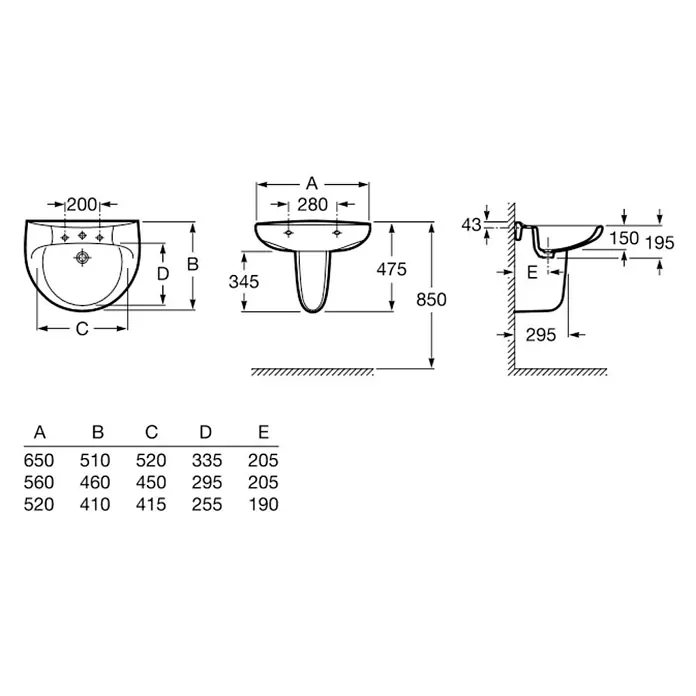 Roca Mitos Lavabo - 56 x 46 cm, Orificios para grifo: Medio, Con desbordamiento, Blanco - Dibujo técnico de un lavabo con todas las dimensiones, incluyendo una tabla con diferentes variantes de tamaño.