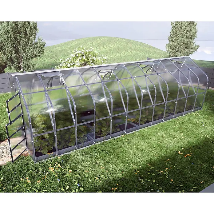 Klasika Greenhouses Gewächshaus Standart Klasika - Außenmaß inkl. Dachüberstand (B x T): 250 x 800 cm, Material Seitenwand: Kunststoff, 4 mm, Silbergrau - Langes, tunnelförmiges Gewächshaus mit silbernem Rahmen und transparenten Wellplatten.