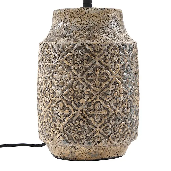 Lindby Tischleuchte Aelith - L x B x H: 40 x 40 x 49 cm, alu / grau / zink, weiß / opal, E27 - Lampenfuß aus gealterter Keramik mit aufwendigem Reliefmuster und Craquelé-Glasur in Beige, Braun und dezentem Blau.