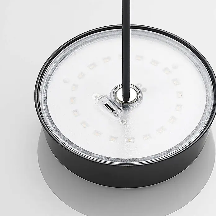 Lucande Tischleuchte Tibia - L x B x H: 12 x 12 x 29,5 cm, schwarz, schwarz - Schwarze runde LED-Leuchte mit weißem Diffusor, sichtbaren LEDs, zentraler Stange und USB-C-Anschluss.