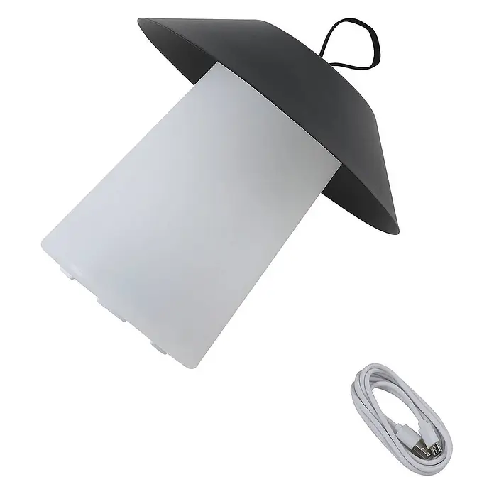 Lindby Tischleuchte Kalina - schwarz - Tragbare weiße und dunkelgraue Lampe mit Trageband und weißem USB-Ladekabel.