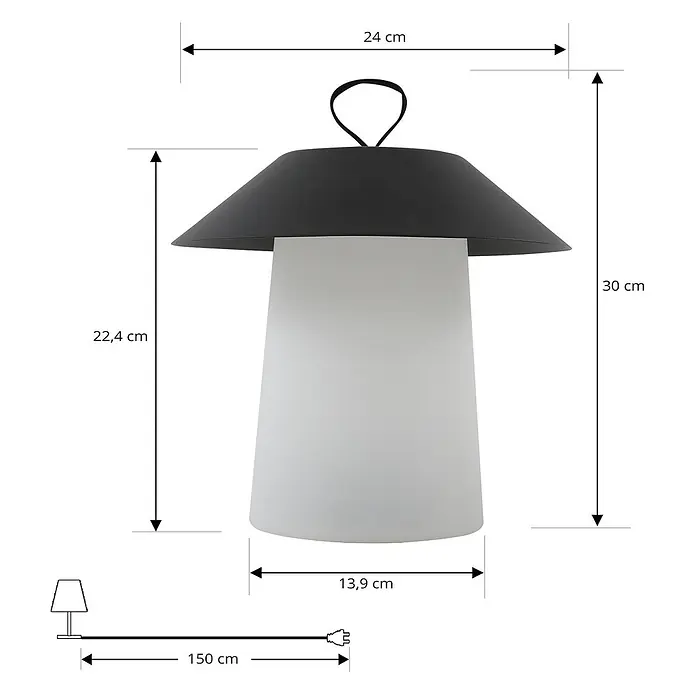 Lindby Tischleuchte Kalina - schwarz - Tragbare Lampe mit schwarzem Konusschirm, mattweißem Zylinderfuß und Trageschlaufe. Höhe 30 cm, Breite 24 cm.