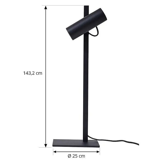 Lucande Tischleuchte Lysias - schwarz, schwarz, GU10 - Schwarze Metall-Stehlampe mit verstellbarem zylindrischem Strahler. Gesamthöhe 143,2 cm, Basis 25 cm.