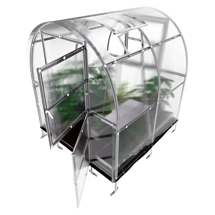 Klasika Greenhouses Gewächshaus Slim Klasika - Außenmaß inkl. Dachüberstand (B x T): 200 x 200 cm, Material Seitenwand: Kunststoff, 6 mm, Silbergrau - Transparentes Polycarbonat-Mini-Gewächshaus mit grauem Metallrahmen, Flügeltüren und Dachfenster.