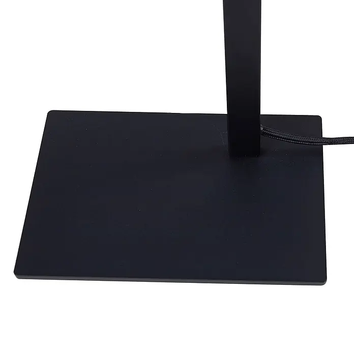 Lucande Tischleuchte Lysias - schwarz, schwarz, GU10 - Schwarzer, rechteckiger Lampenfuß aus Metall mit vertikalem Ständer und geflochtenem Netzkabel.