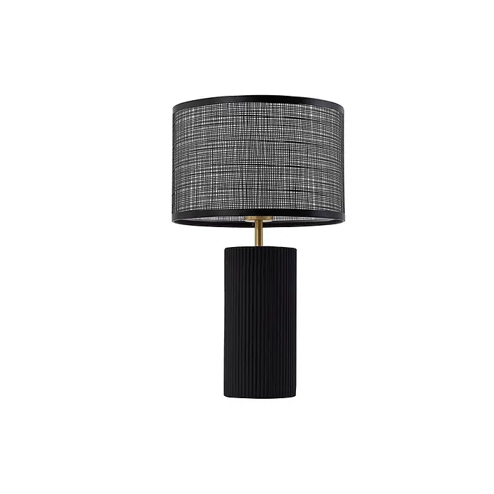 Lindby Tischleuchte Sorscha - schwarz, schwarz, E27 - Schwarze gerippte Tischlampe mit Messingstiel und schwarzem strukturiertem Trommelschirm.