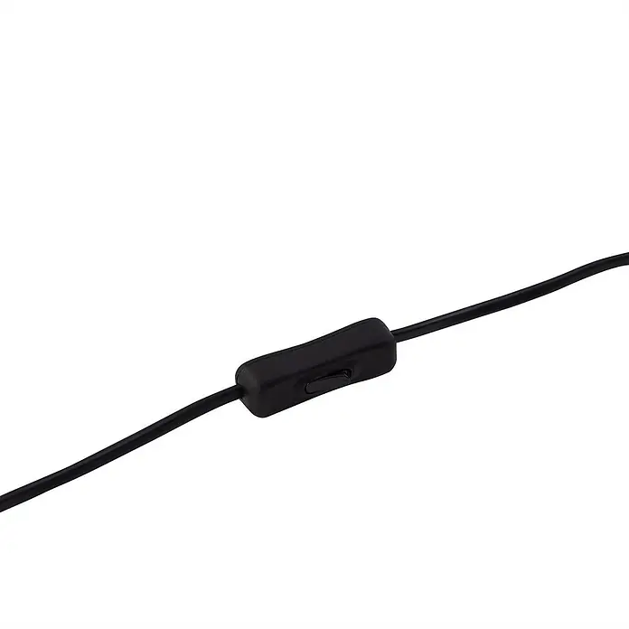 Lindby Tischleuchte Sorscha - schwarz, schwarz, E27 - Schwarzer Inline-Kabelzwischenschalter aus Kunststoff an einem schwarzen Elektrokabel, mit kleinem Kippschalter.