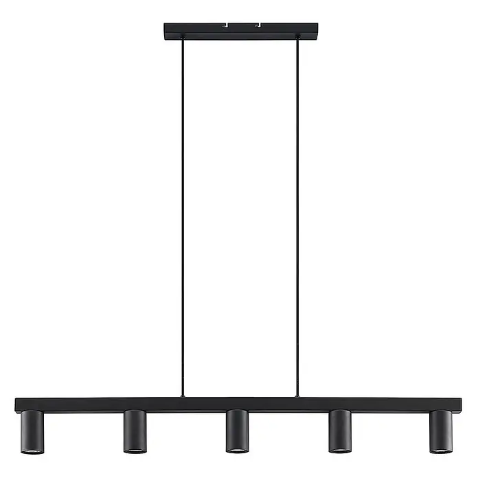 Lindby Pendelleuchte Baliko - schwarz, Schwarz, GU10 - Schwarze lineare Pendelleuchte mit fünf zylindrischen Strahlern.